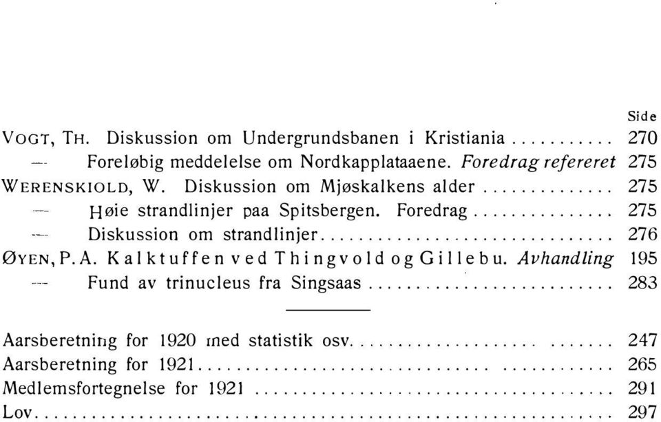 Kalktuf fen ved Thingvold ogg illebu. Avhandling 195 Fund av trinucleus fra Singsaas................. 283 Aarsberetning for l 920 rned statistik osv.
