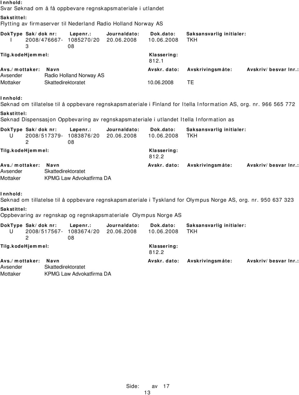 966 565 772 Søknad Dispensasjon Oppbevaring av regnskapsmateriale i utlandet Itella Information as U 2008/517379-1083876/20 20.06.2008 10.06.2008 TKH 812.