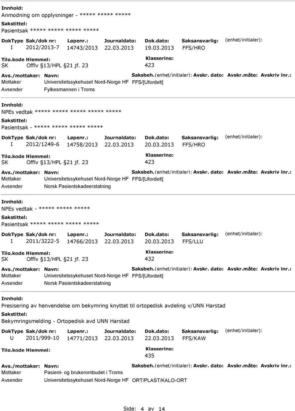 Nord-Norge HF FFS/[fordelt] Norsk Pasientskadeerstatning NPEs vedtak - ***** ***** ***** 2011/3222-5 14766/2013 FFS/LL Mottaker niversitetssykehuset Nord-Norge HF FFS/[fordelt] Norsk