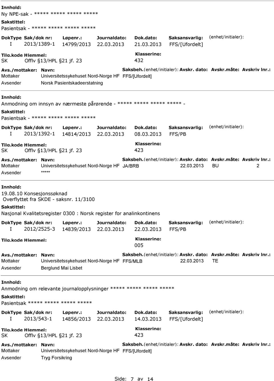 11/3100 Nasjonal Kvalitetsregister 0300 : Norsk register for analinkontinens 2012/2525-3 14839/2013 FFS/PB 005 Mottaker niversitetssykehuset Nord-Norge HF FFS/MLB TE Berglund Mai Lisbet