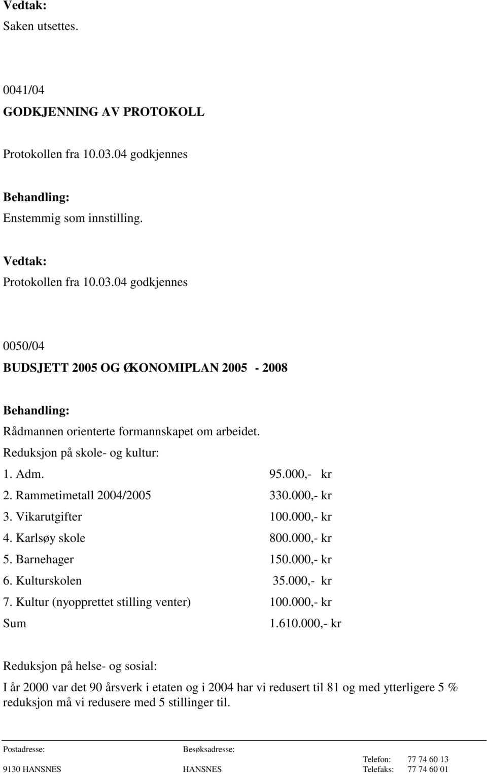 000,- kr 6. Kulturskolen 35.000,- kr 7. Kultur (nyopprettet stilling venter) 100.000,- kr Sum 1.610.