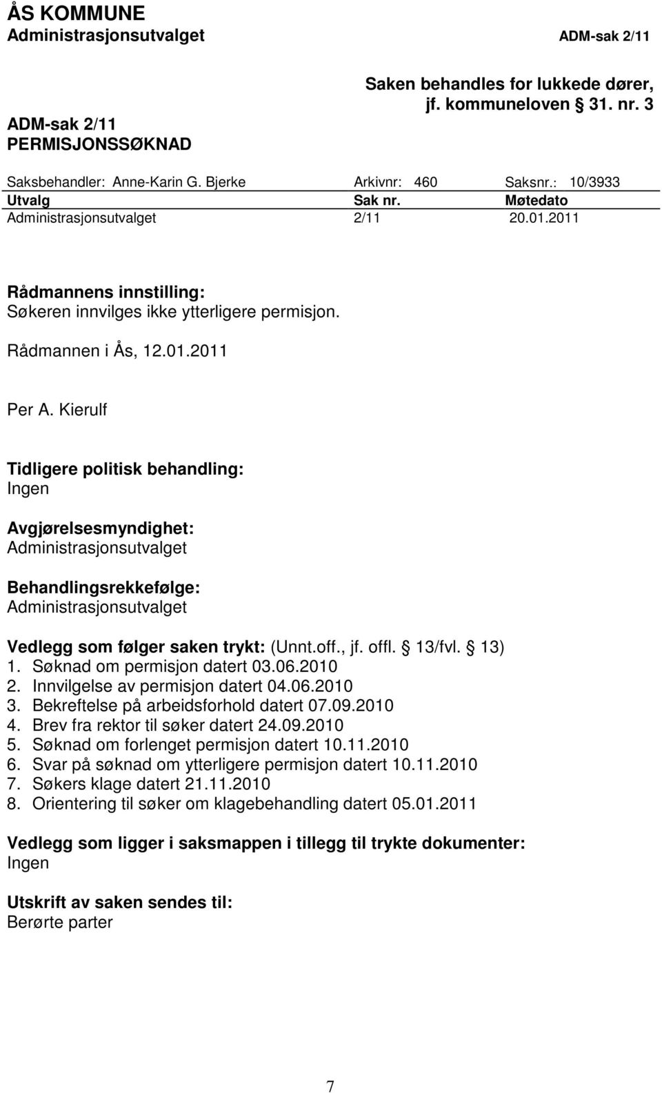 Kierulf Tidligere politisk behandling: Ingen Avgjørelsesmyndighet: Behandlingsrekkefølge: Vedlegg som følger saken trykt: (Unnt.off., jf. offl. 13/fvl. 13) 1. Søknad om permisjon datert 03.06.2010 2.