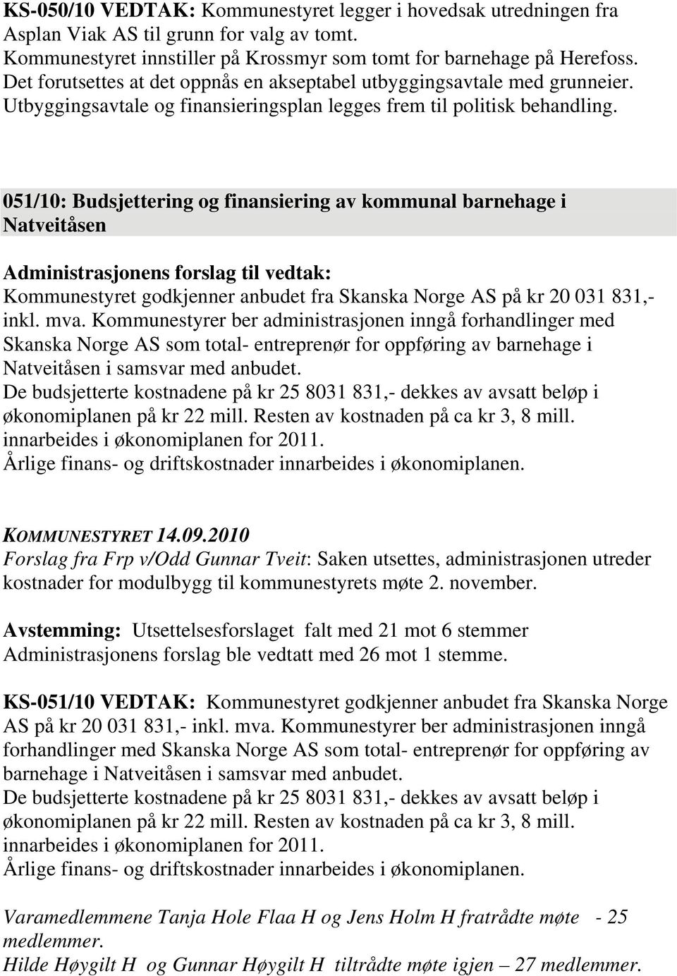 051/10: Budsjettering og finansiering av kommunal barnehage i Natveitåsen Kommunestyret godkjenner anbudet fra Skanska Norge AS på kr 20 031 831,- inkl. mva.