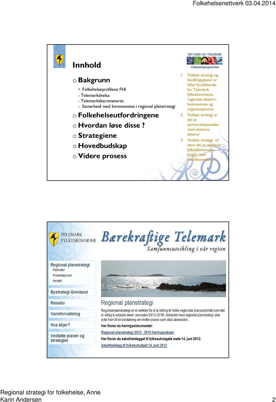 Vedtatt strategi og handlingsplaner er felles forpliktende for Telemark fylkeskommune, regionale aktører, kommunene og organisasjonene.