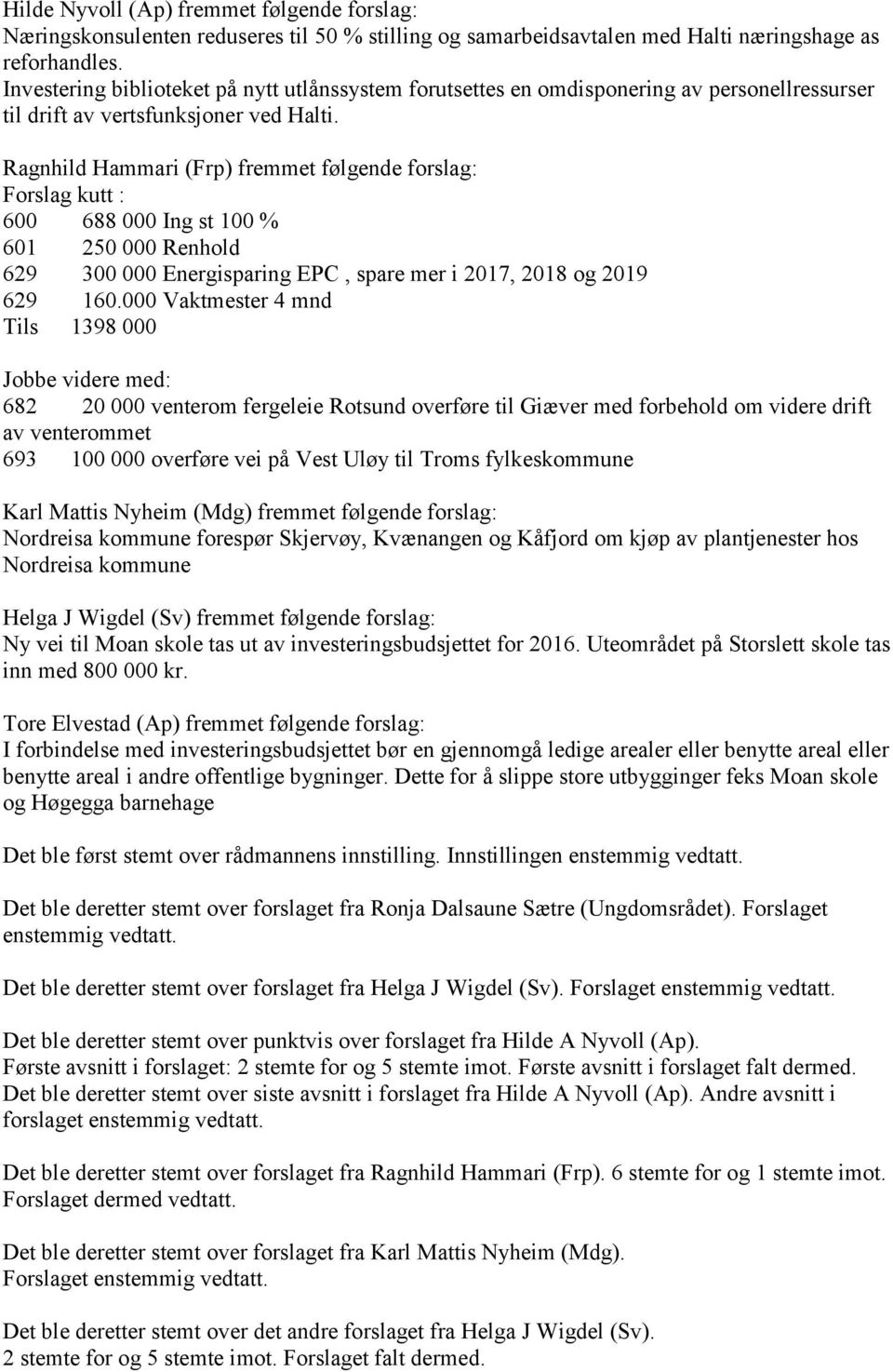 Ragnhild Hammari (Frp) fremmet følgende forslag: Forslag kutt : 600 688 000 Ing st 100 % 601 250 000 Renhold 629 300 000 Energisparing EPC, spare mer i 2017, 2018 og 2019 629 160.