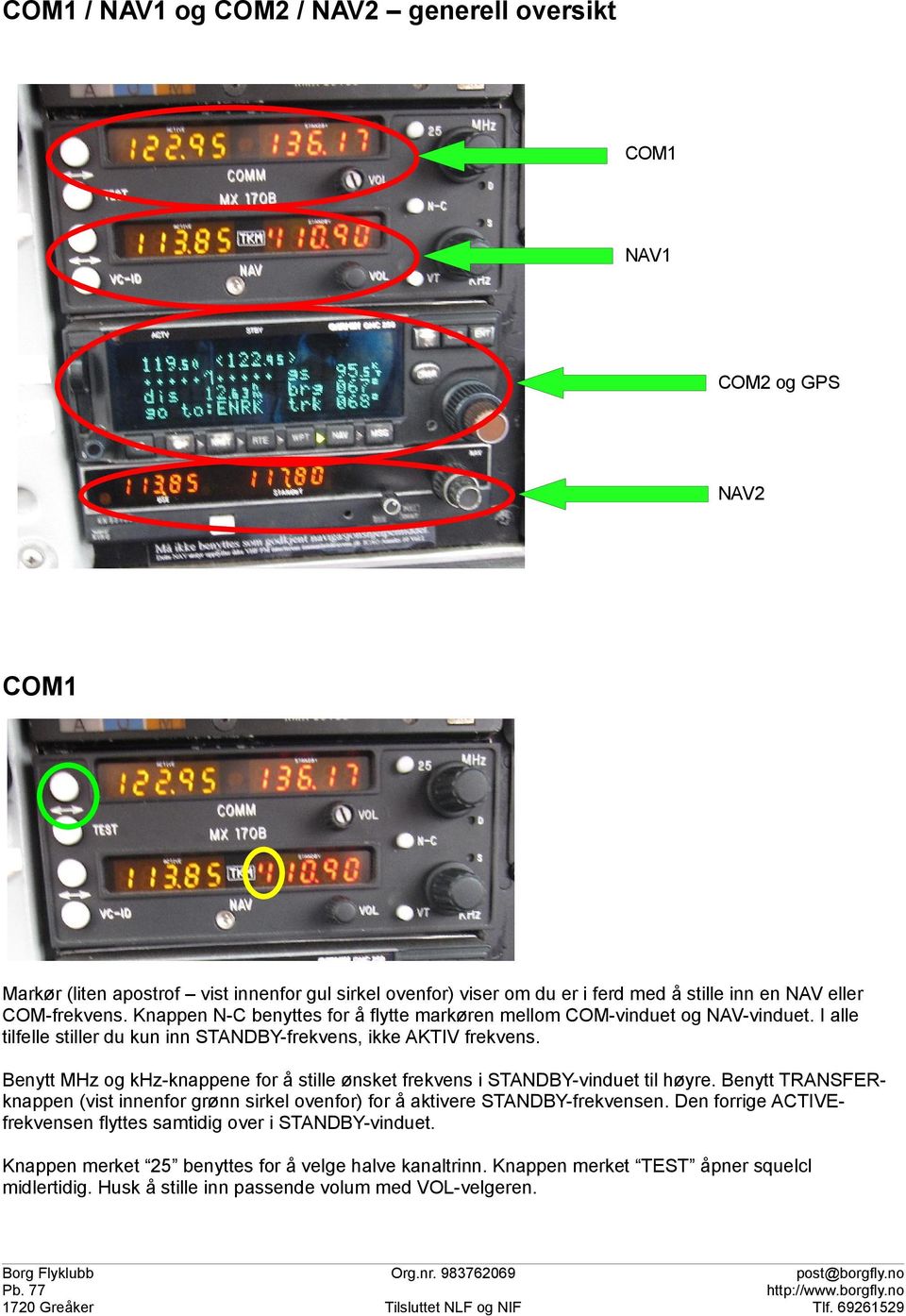 Benytt MHz og khz-knappene for å stille ønsket frekvens i STANDBY-vinduet til høyre. Benytt TRANSFERknappen (vist innenfor grønn sirkel ovenfor) for å aktivere STANDBY-frekvensen.