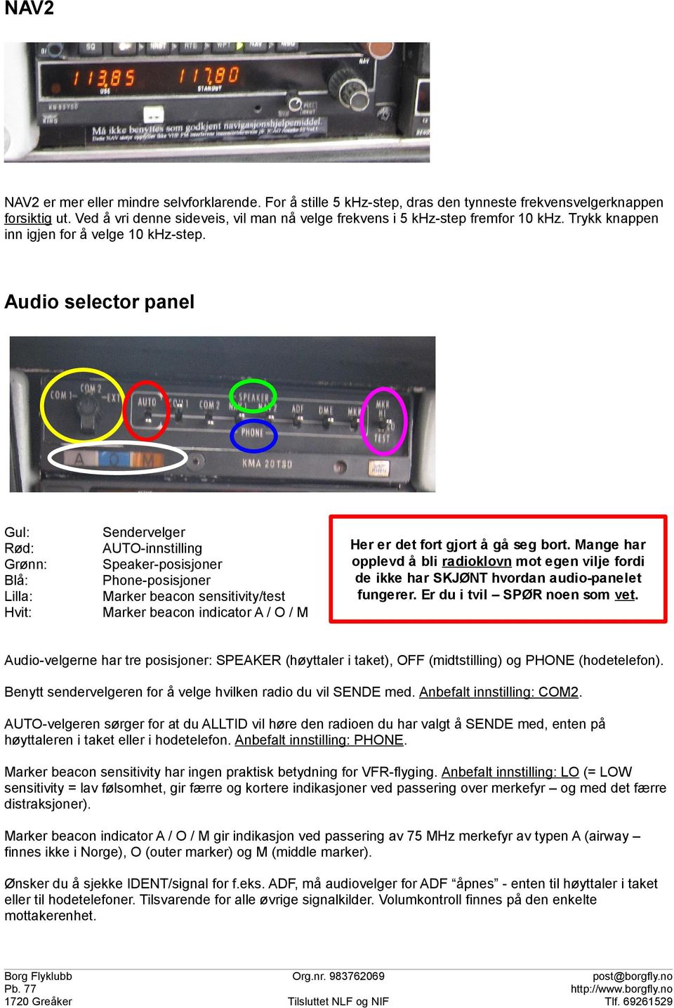 Audio selector panel Gul: Rød: Grønn: Blå: Lilla: Hvit: Sendervelger AUTO-innstilling Speaker-posisjoner Phone-posisjoner Marker beacon sensitivity/test Marker beacon indicator A / O / M Her er det