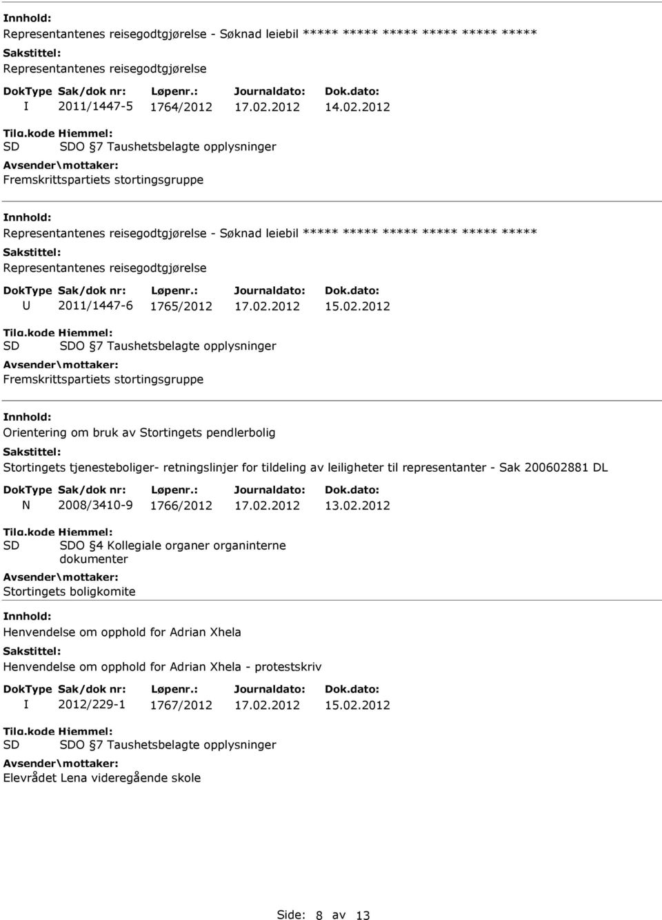 2011/1447-6 1765/2012 O 7 Taushetsbelagte opplysninger Fremskrittspartiets stortingsgruppe Orientering om bruk av Stortingets pendlerbolig Stortingets tjenesteboliger- retningslinjer for tildeling av