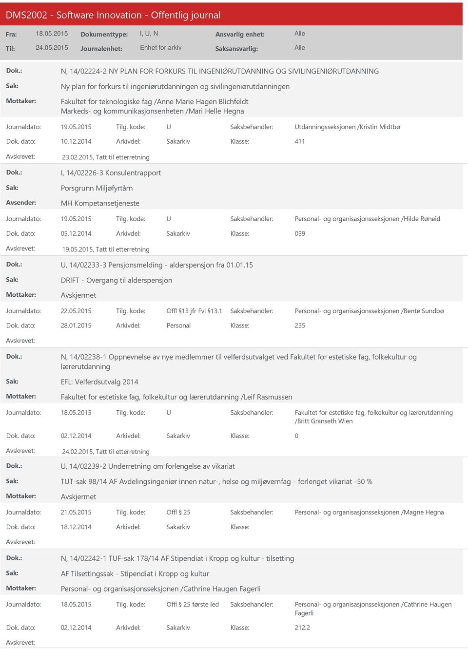 2015, Tatt til etterretning I, 14/02226-3 Konsulentrapport Porsgrunn Miljøfyrtårn MH Kompetansetjeneste Personal- og organisasjonsseksjonen /Hilde Røneid Dok. dato: 05.12.