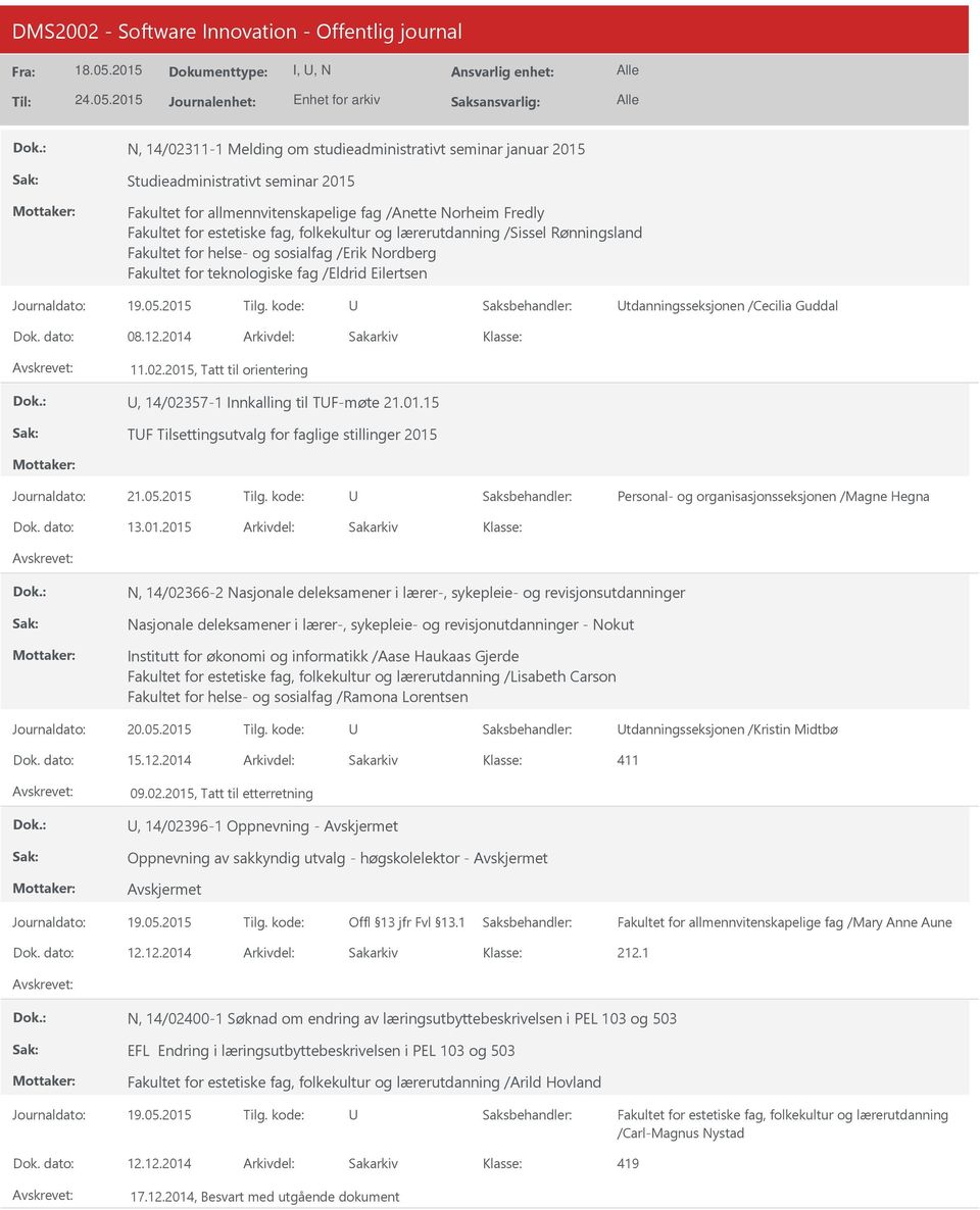 2015, Tatt til orientering, 14/02357-1 Innkalling til TF-møte 21.01.15 TF Tilsettingsutvalg for faglige stillinger 2015 Dok. dato: 13.01.2015 Arkivdel: Sakarkiv N, 14/02366-2 Nasjonale deleksamener i