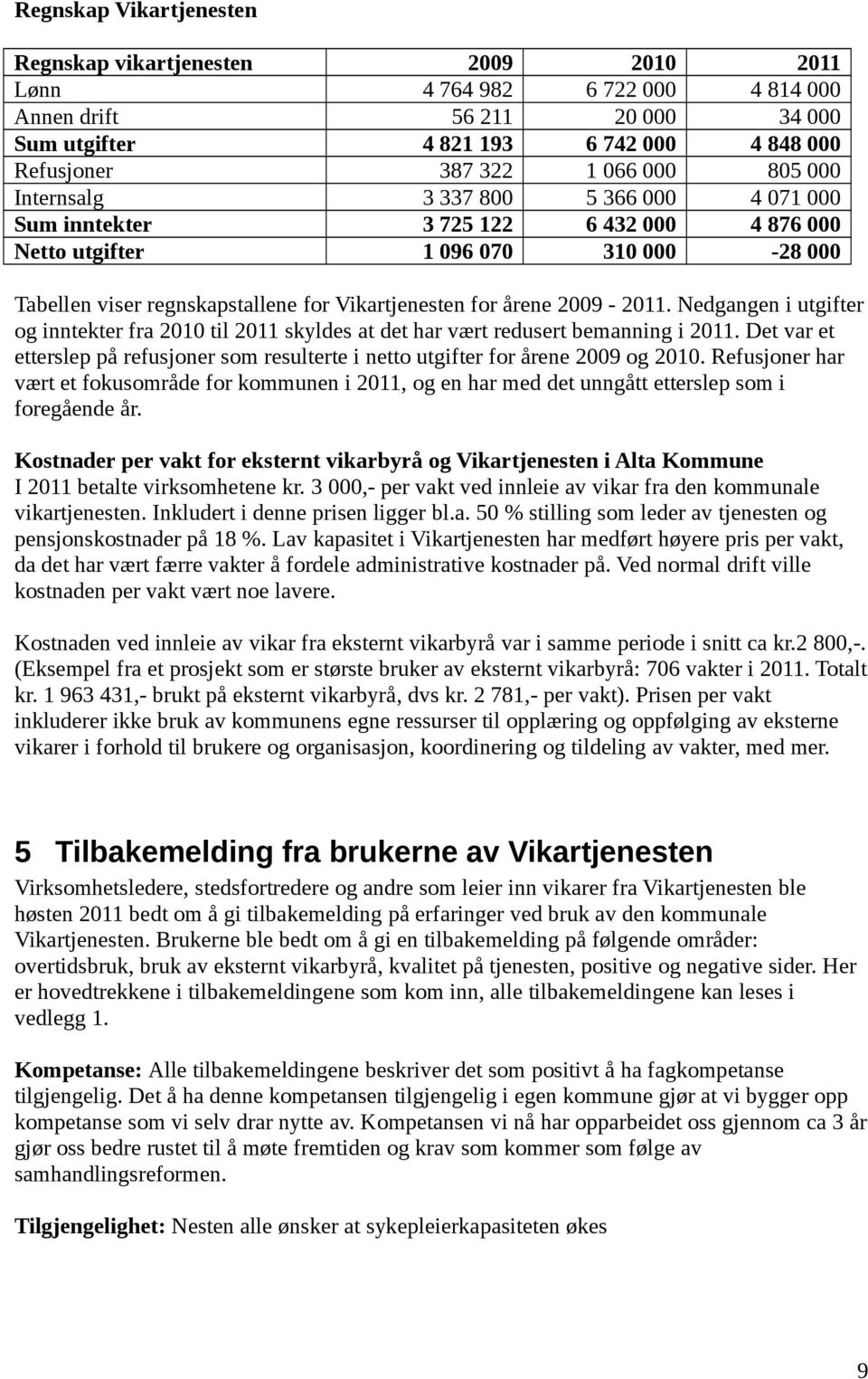 Nedgangen i utgifter og inntekter fra til skyldes at det har vært redusert bemanning i. Det var et etterslep på refusjoner som resulterte i netto utgifter for årene 2009 og.