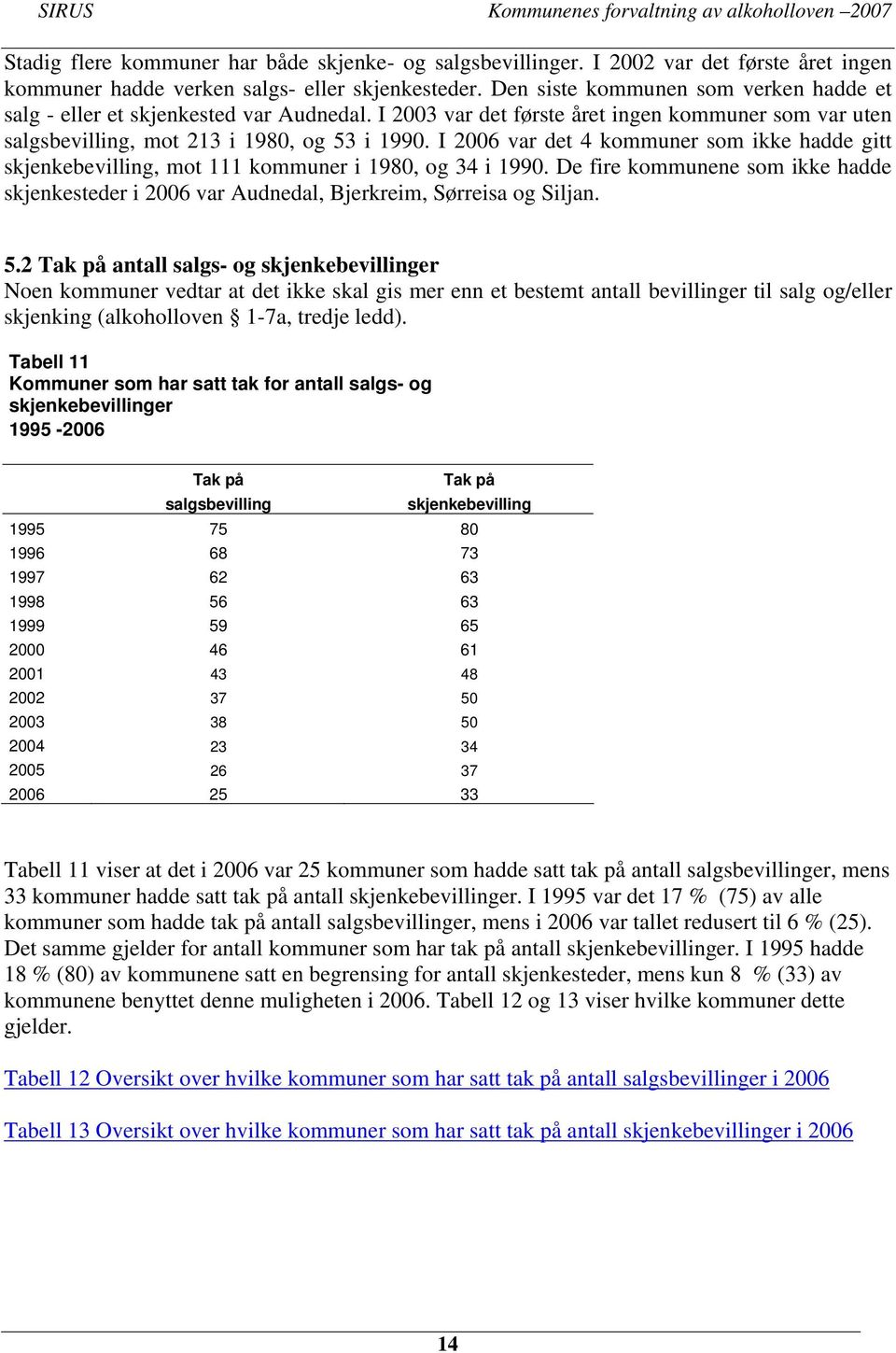 I 2006 var det 4 kommuner som ikke hadde gitt skjenkebevilling, mot 111 kommuner i 1980, og 34 i 1990.