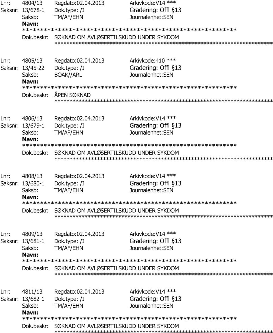 type: /I Gradering: Offl 13 Dok.beskr: SØKNAD OM AVLØSERTILSKUDD UNDER SYKDOM ************ Lnr: 4808/13 Regdato:02.04.2013 Arkivkode:V14 *** Saksnr: 13/680-1 Dok.type: /I Gradering: Offl 13 Dok.beskr: SØKNAD OM AVLØSERTILSKUDD UNDER SYKDOM ************ Lnr: 4809/13 Regdato:02.