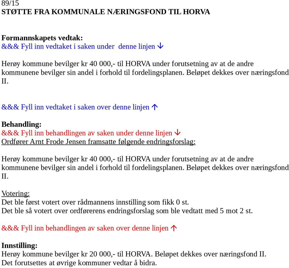 Ordfører Arnt Frode Jensen framsatte følgende endringsforslag: Herøy kommune bevilger kr 40 000,- til HORVA under forutsetning av at de andre kommunene bevilger sin andel i forhold til 