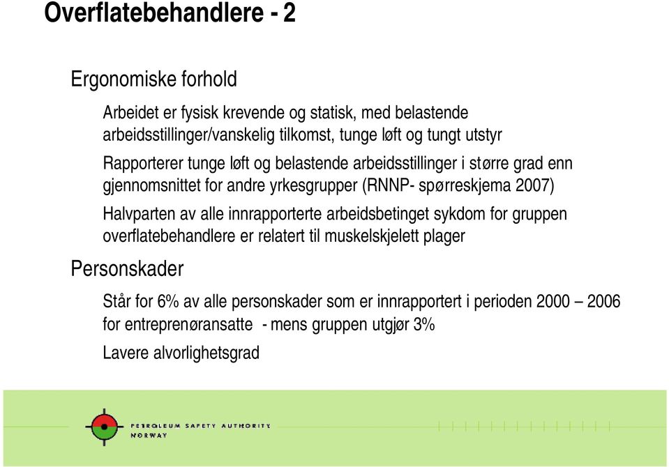 spørreskjema 2007) Halvparten av alle innrapporterte arbeidsbetinget sykdom for gruppen overflatebehandlere er relatert til muskelskjelett plager