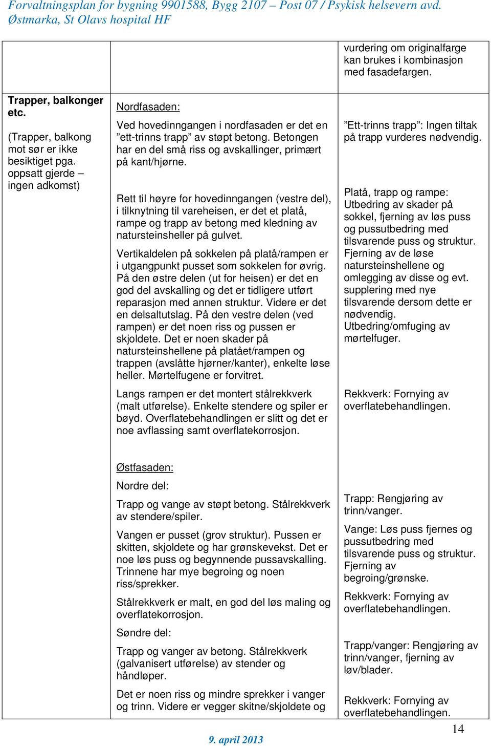 Rett til høyre for hovedinngangen (vestre del), i tilknytning til vareheisen, er det et platå, rampe og trapp av betong med kledning av natursteinsheller på gulvet.