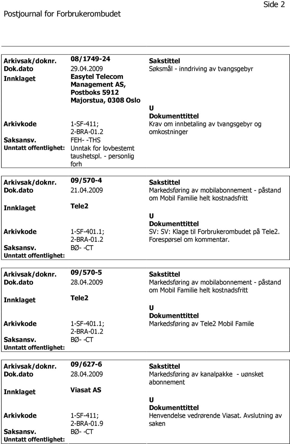 2009 Markedsføring av mobilabonnement - påstand om Mobil Familie helt kostnadsfritt nnklaget Tele2 1-SF-401.1; 2-BRA-01.2 BØ- -CT SV: SV: Klage til Forbrukerombudet på Tele2. Forespørsel om kommentar.