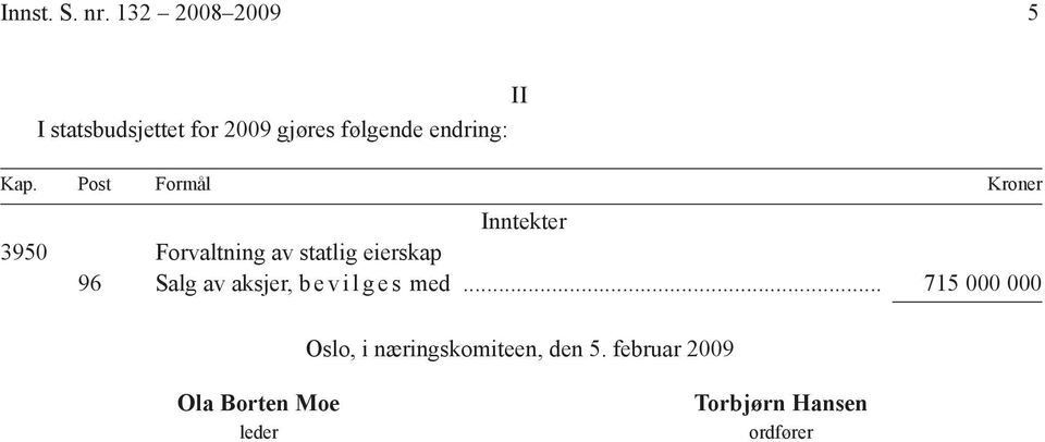 Post Formål Kroner Inntekter 3950 Forvaltning av statlig eierskap 96 Salg