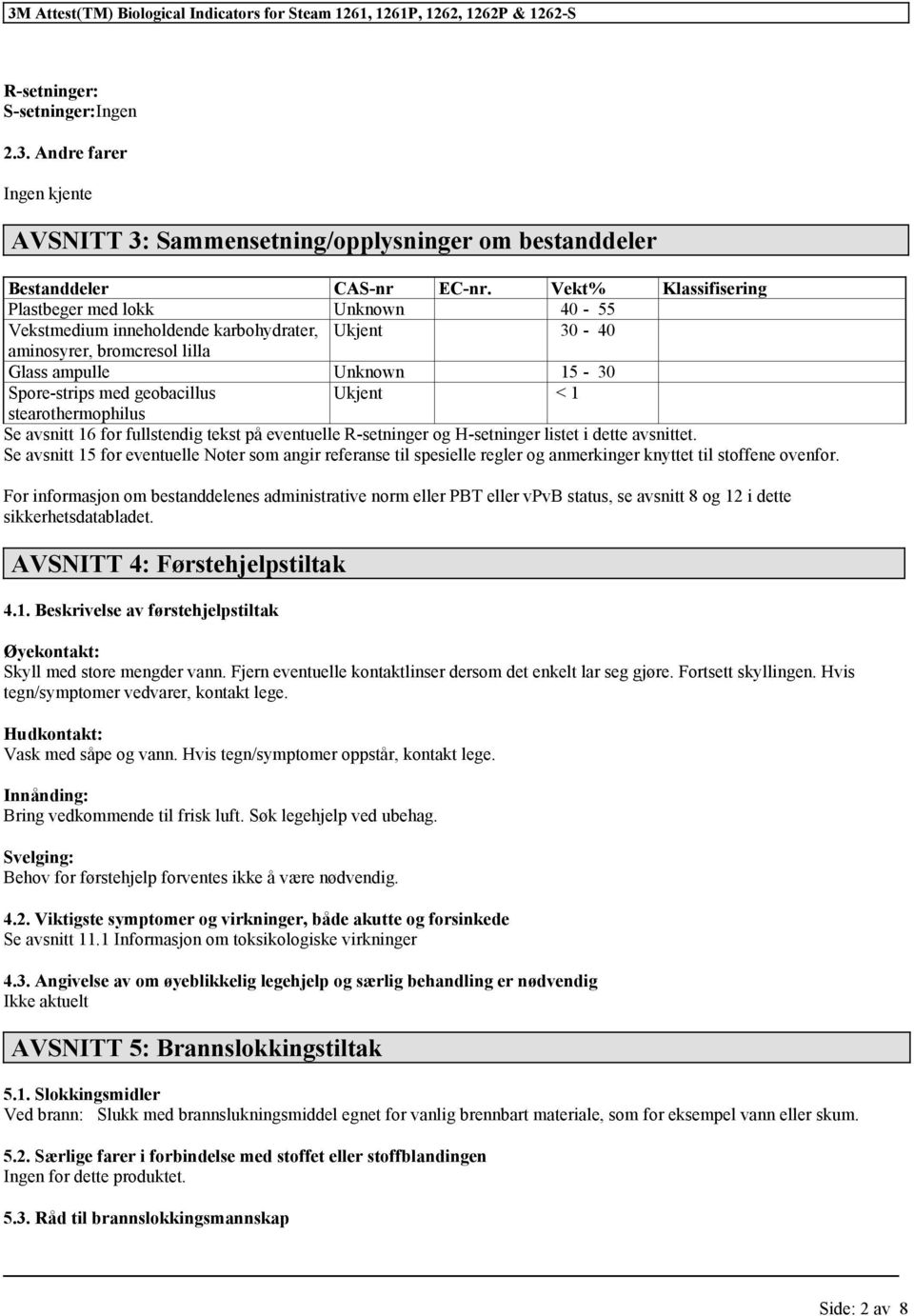 Ukjent < 1 stearothermophilus Se avsnitt 16 for fullstendig tekst på eventuelle R-setninger og H-setninger listet i dette avsnittet.