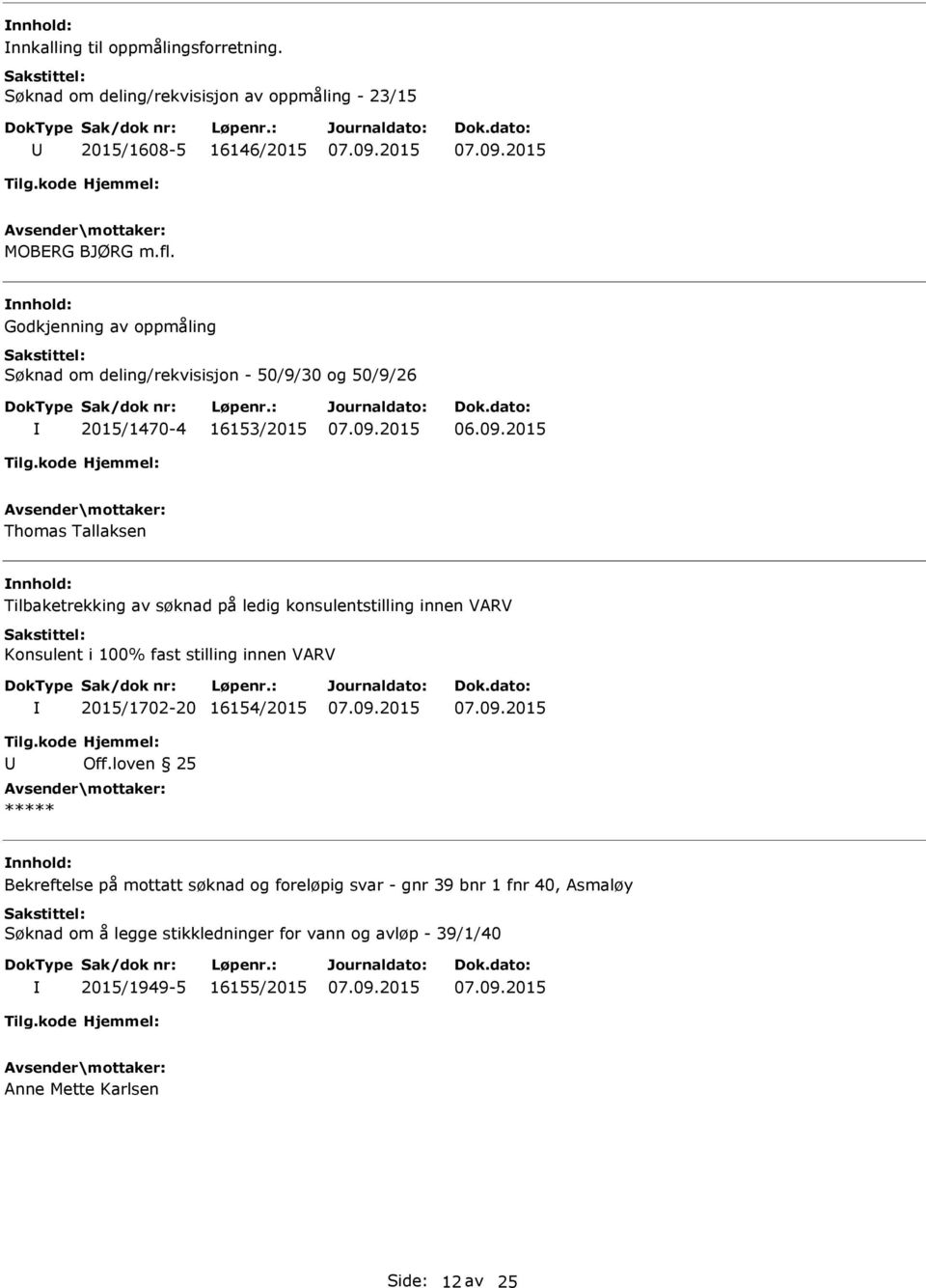 2015 Thomas Tallaksen Tilbaketrekking av søknad på ledig konsulentstilling innen VARV Konsulent i 100% fast stilling innen VARV 2015/1702-20 16154/2015