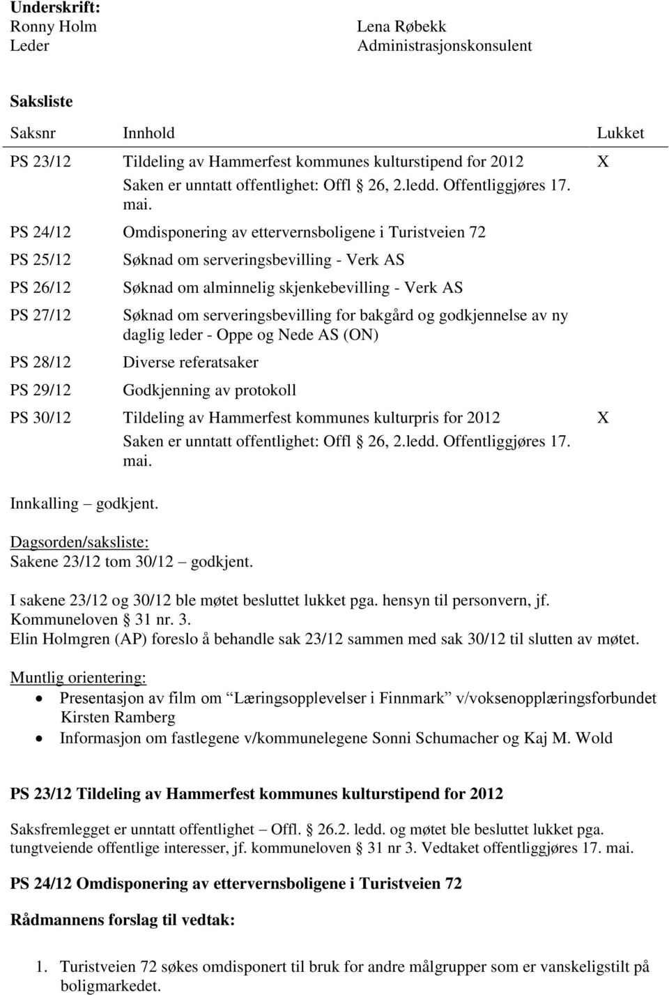 PS 24/12 Omdisponering av ettervernsboligene i Turistveien 72 PS 25/12 PS 26/12 PS 27/12 PS 28/12 PS 29/12 Søknad om serveringsbevilling - Verk AS Søknad om alminnelig skjenkebevilling - Verk AS