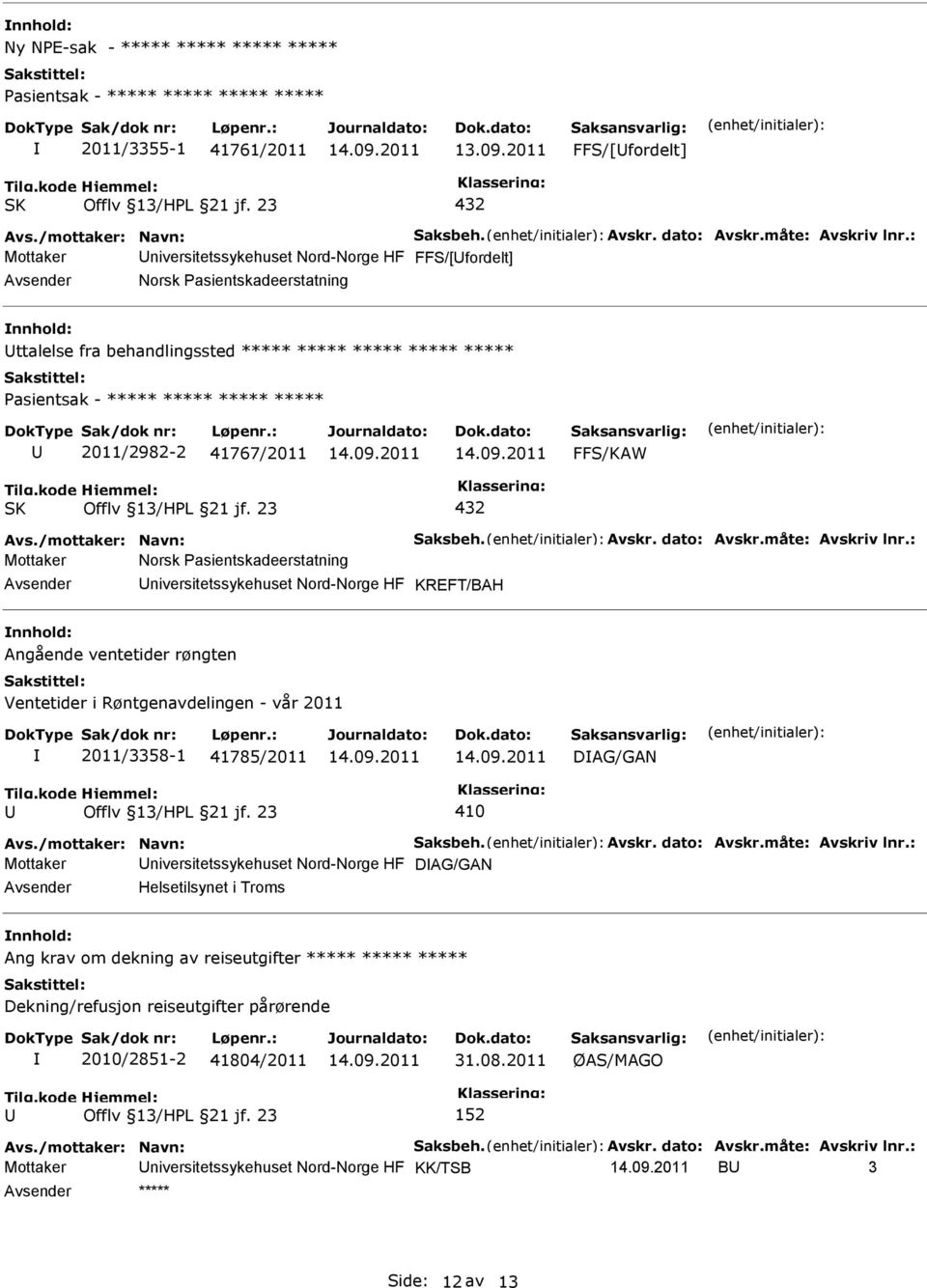 KREFT/BAH Angående ventetider røngten Ventetider i Røntgenavdelingen - vår 2011 2011/3358-1 41785/2011 DAG/GAN 410 Mottaker niversitetssykehuset Nord-Norge HF DAG/GAN Helsetilsynet i Troms Ang krav