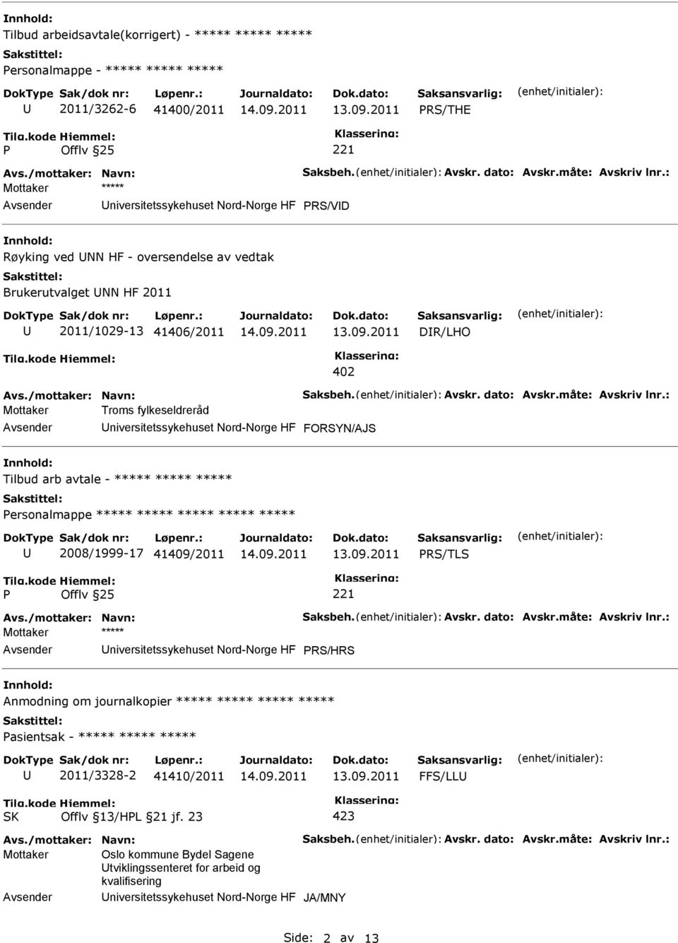 ***** ***** ***** ersonalmappe ***** ***** ***** ***** ***** 2008/1999-17 41409/2011 RS/TLS niversitetssykehuset Nord-Norge HF RS/HRS Anmodning om journalkopier ***** ***** ***** *****