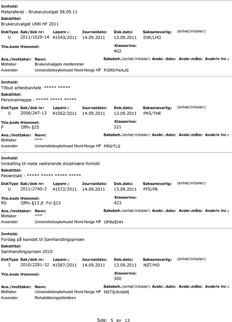 ***** ersonalmappe - ***** ***** ***** 2006/247-13 41562/2011 RS/THE niversitetssykehuset Nord-Norge HF RS/TLS nnkalling til møte vedrørende disiplinære forhold asientsak -