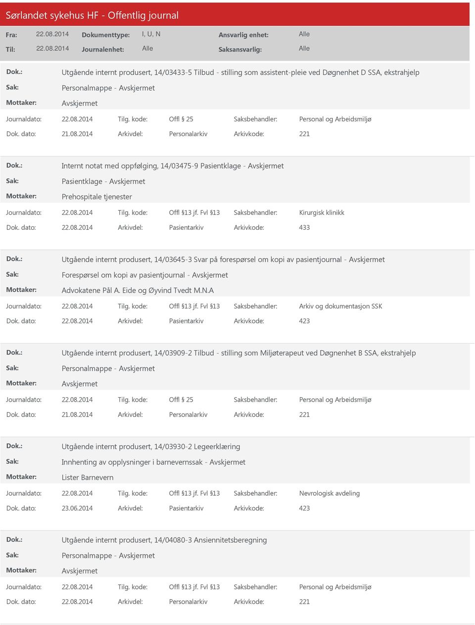 dato: Arkivdel: Pasientarkiv Arkivkode: 433 Utgående internt produsert, 14/03645-3 Svar på forespørsel om kopi av pasientjournal - Forespørsel om kopi av pasientjournal - Advokatene Pål A.