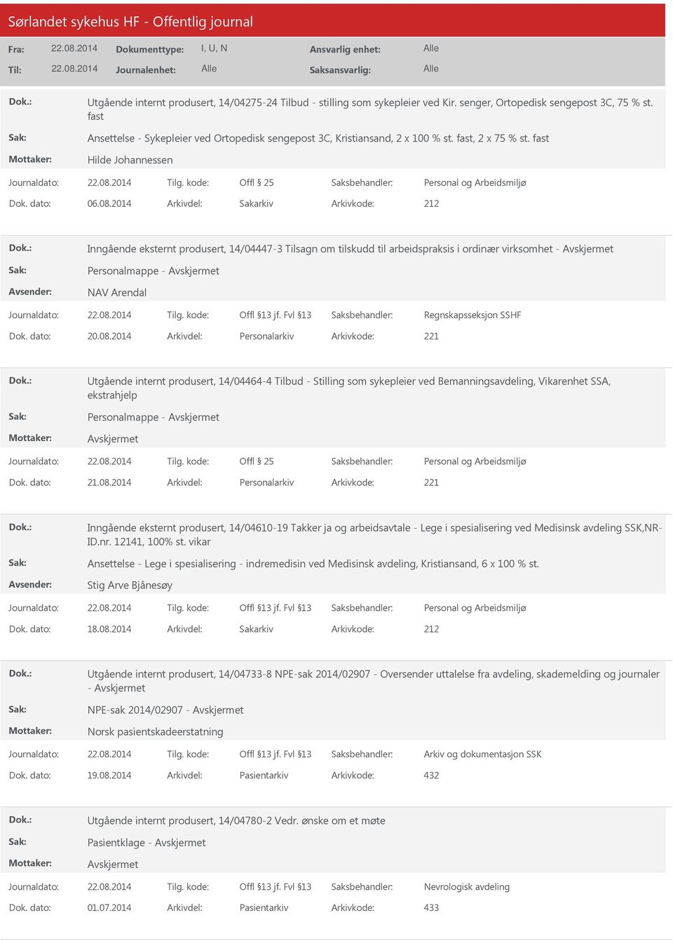 2014 Arkivdel: Sakarkiv Arkivkode: 212 Inngående eksternt produsert, 14/04447-3 Tilsagn om tilskudd til arbeidspraksis i ordinær virksomhet - Personalmappe - NAV Arendal Regnskapsseksjon SSHF Dok.