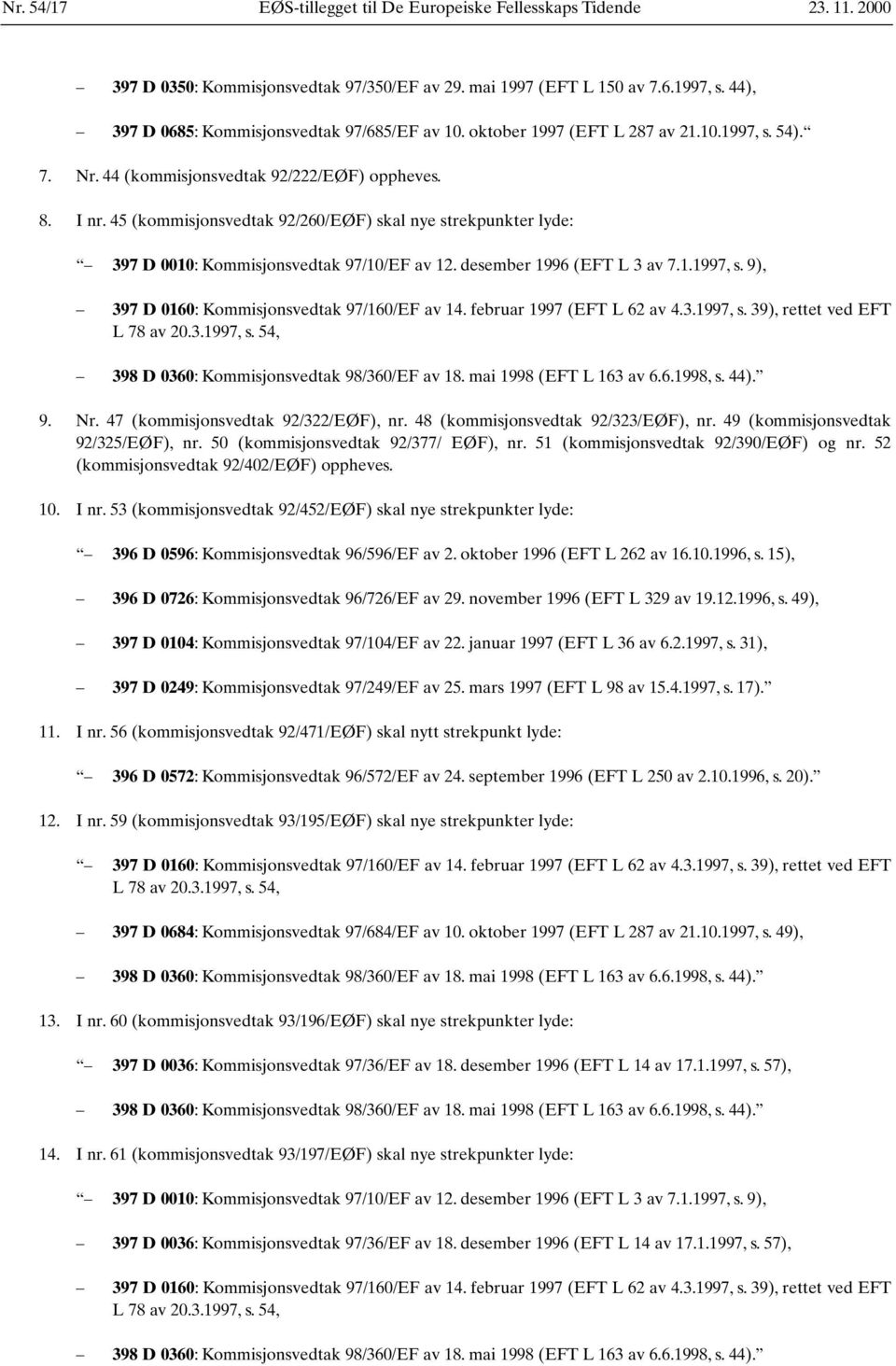 45 (kommisjonsvedtak 92/260/EØF) skal nye strekpunkter lyde: 397 D 0010: Kommisjonsvedtak 97/10/EF av 12. desember 1996 (EFT L 3 av 7.1.1997, s. 9), 397 D 0160: Kommisjonsvedtak 97/160/EF av 14.