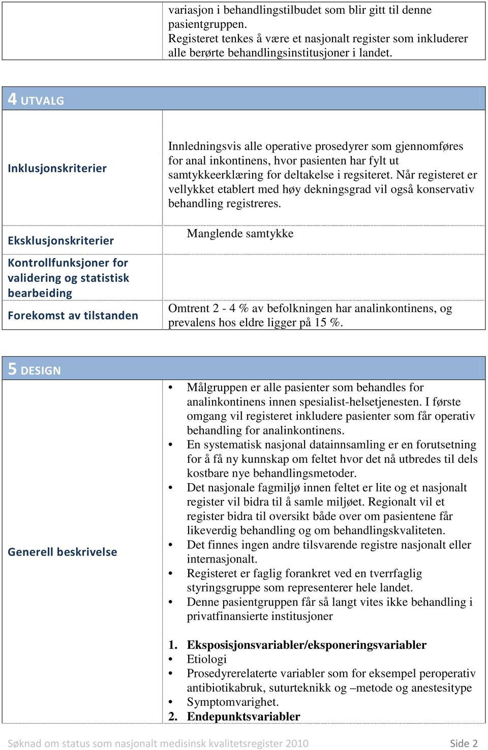 anal inkontinens, hvor pasienten har fylt ut samtykkeerklæring for deltakelse i regsiteret. Når registeret er vellykket etablert med høy dekningsgrad vil også konservativ behandling registreres.