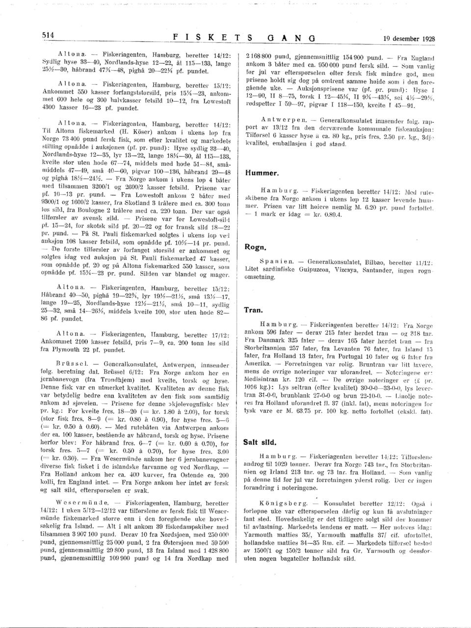 A l to n a. - Fskeragenten, Hamburg, beretter 4/2: Tl Altona fskemarked (H. Koser) ankom ukens løp fra Norge 73400 pund fersk fsk,.som efter kvaltet og markedets stllng opnådde auksjonen (pf. pr.