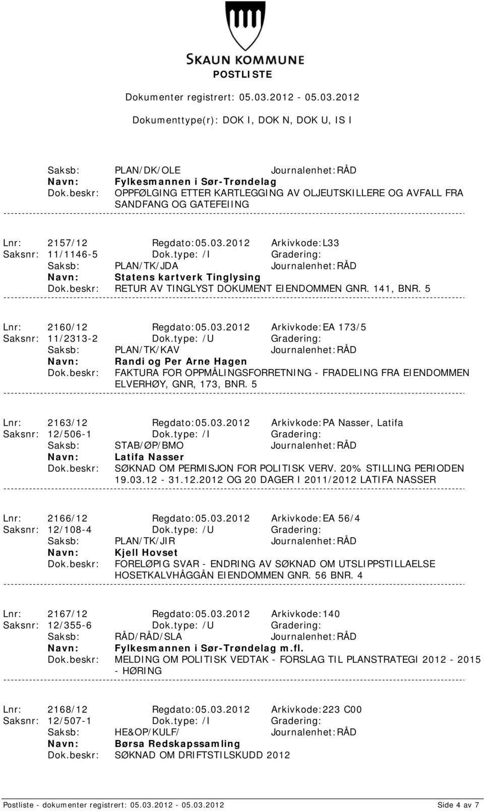 5 Lnr: 2160/12 Regdato:05.03.2012 Arkivkode:EA 173/5 Saksnr: 11/2313-2 Dok.