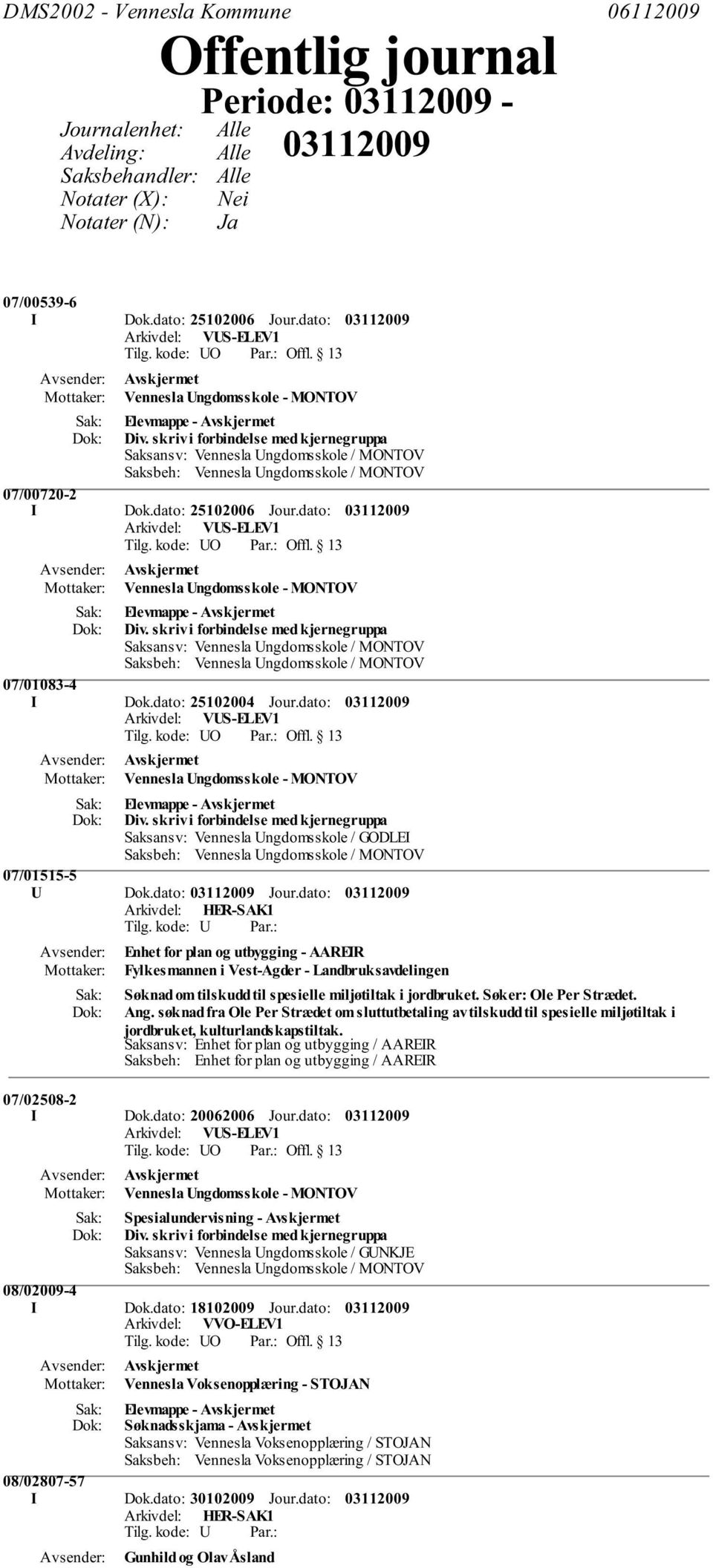 dato: Vennesla Ungdomsskole - MONTOV Elevmappe - Div. skriv i forbindelse med kjernegruppa Saksansv: Vennesla Ungdomsskole / MONTOV 07/01083-4 I Dok.dato: 25102004 Jour.