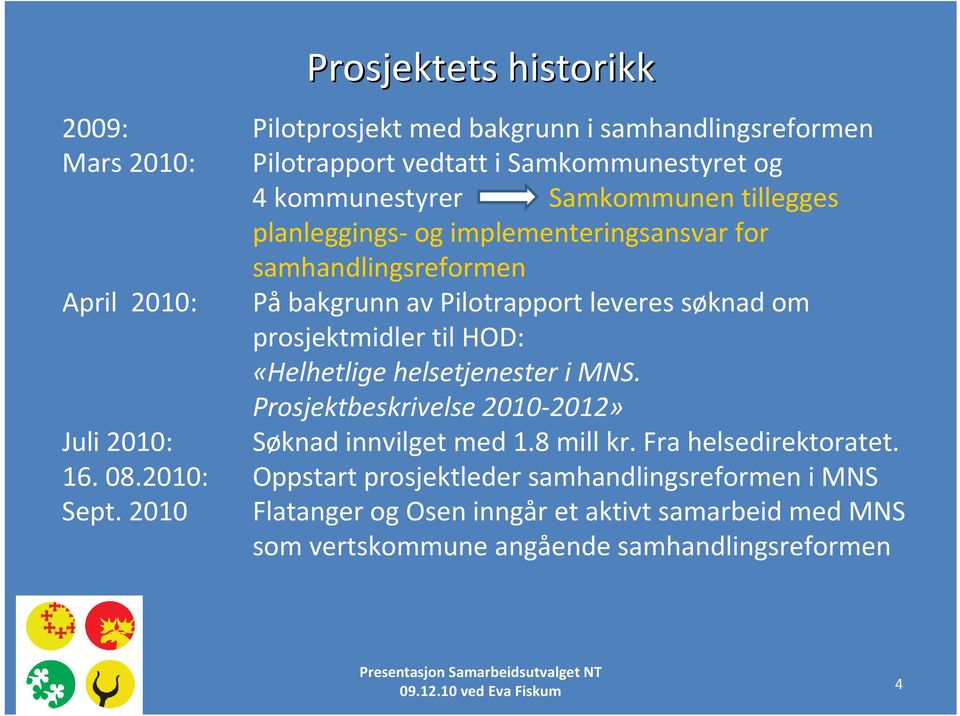 prosjektmidler til HOD: «Helhetlige helsetjenester i MNS. Prosjektbeskrivelse 2010 2012» Juli 2010: Søknad innvilget med 1.8 mill kr. Fra helsedirektoratet.