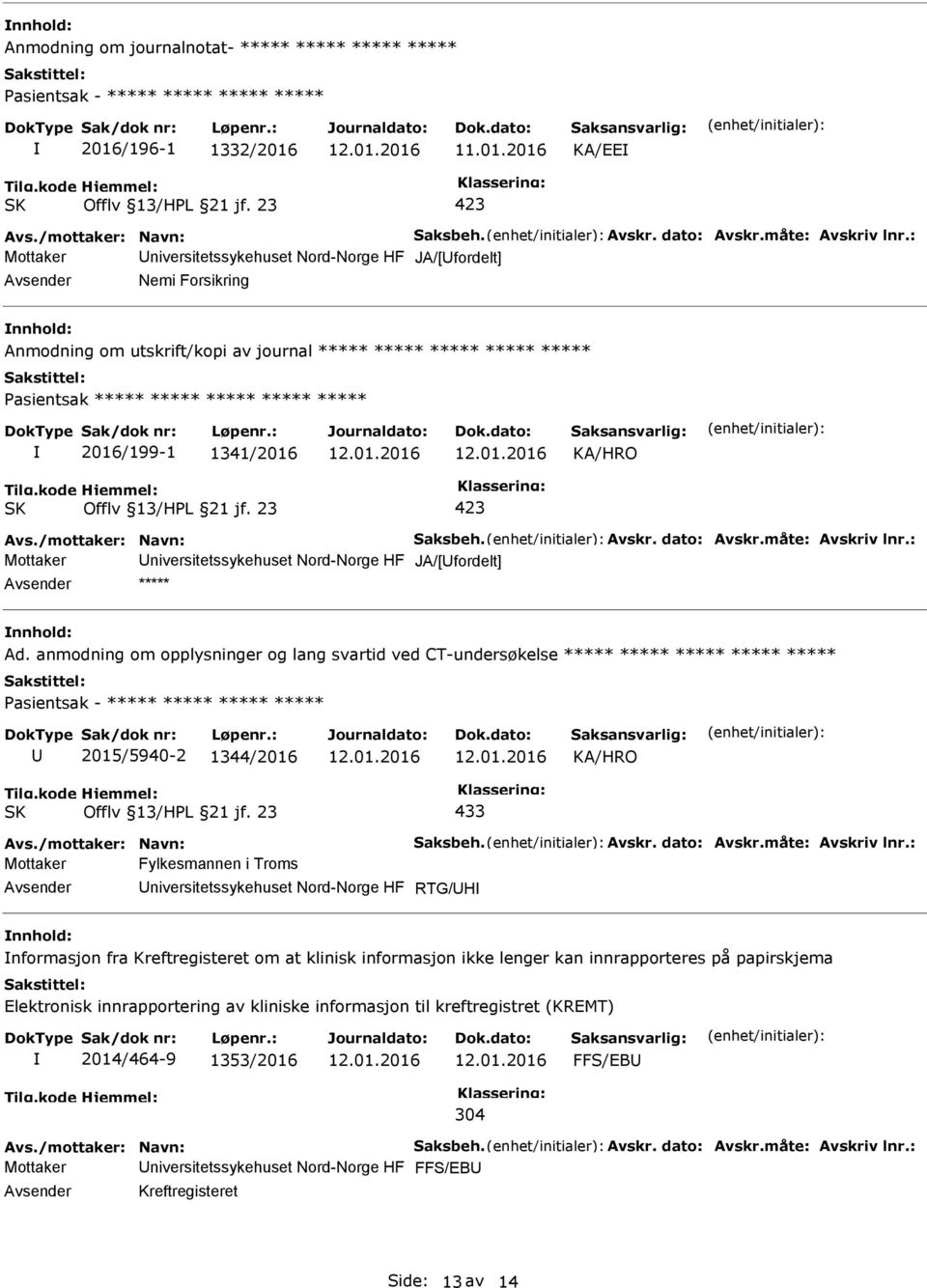 1341/2016 Avs./mottaker: Navn: Saksbeh. Avskr. dato: Avskr.måte: Avskriv lnr.: Mottaker niversitetssykehuset Nord-Norge HF JA/[fordelt] ***** Ad.