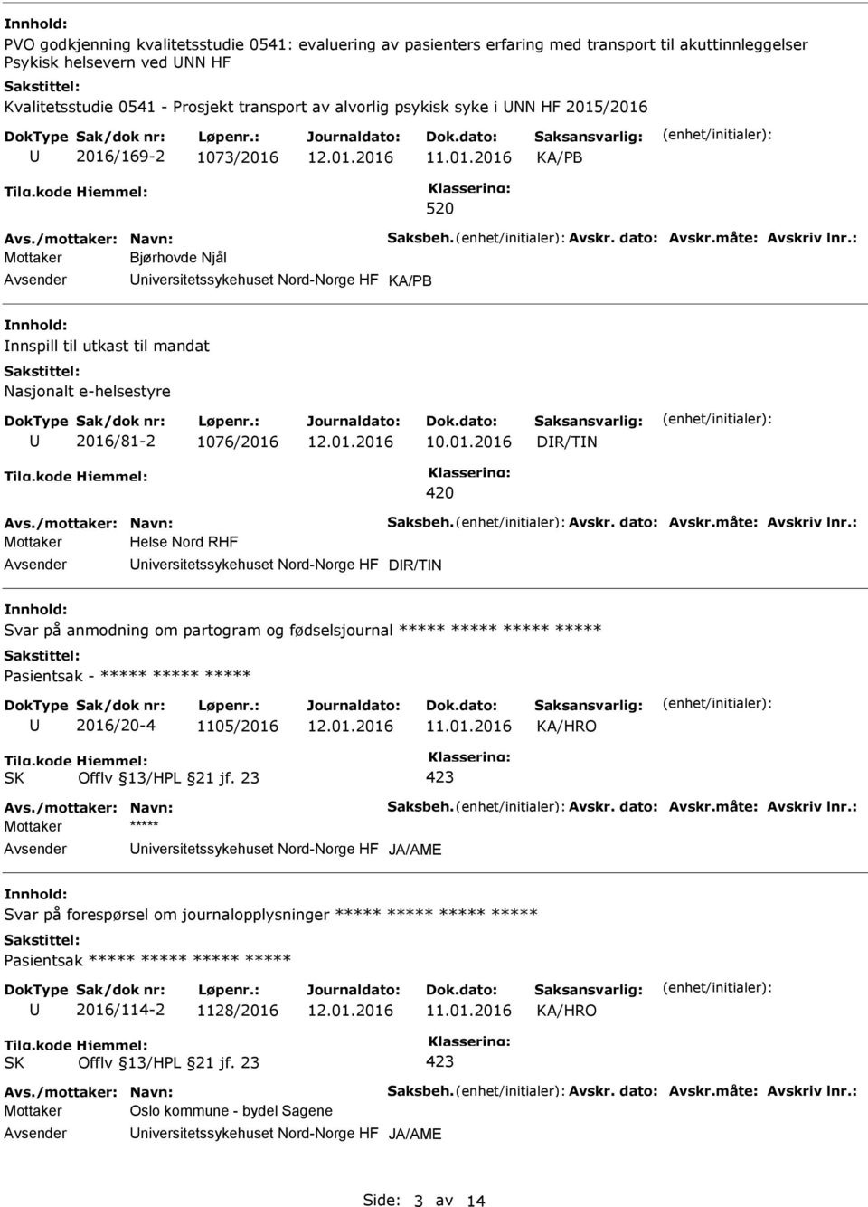 : Mottaker Bjørhovde Njål niversitetssykehuset Nord-Norge HF KA/PB nnspill til utkast til mandat Nasjonalt e-helsestyre 2016/81-2 1076/2016 10.01.2016 DR/TN 420 Avs./mottaker: Navn: Saksbeh. Avskr.