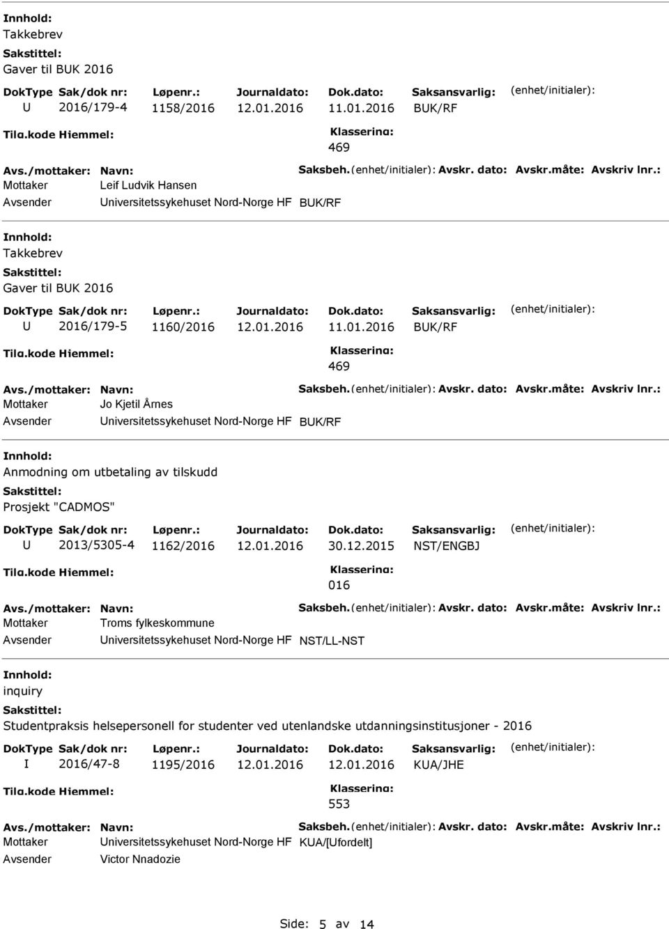 : Mottaker Jo Kjetil Årnes niversitetssykehuset Nord-Norge HF BK/RF Anmodning om utbetaling av tilskudd Prosjekt "CADMOS" 2013/5305-4 1162/2016 30.12.2015 NST/ENGBJ 016 Avs./mottaker: Navn: Saksbeh.