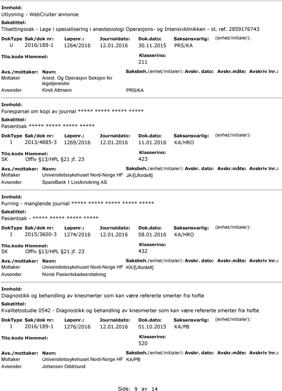 Og Operasjon Seksjon for legetjenester Kirsti Altmann PRS/KA Forespørsel om kopi av journal ***** ***** ***** ***** Pasientsak ***** ***** ***** ***** 2013/4885-3 1269/2016 Avs.