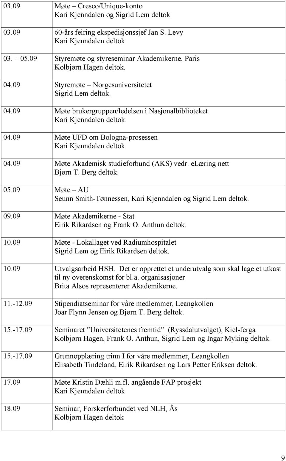 Berg deltok. 05.09 Møte AU Seunn Smith-Tønnessen, Kari Kjenndalen og 09.09 Møte Akademikerne - Stat Eirik Rikardsen og Frank O. Anthun deltok. 10.