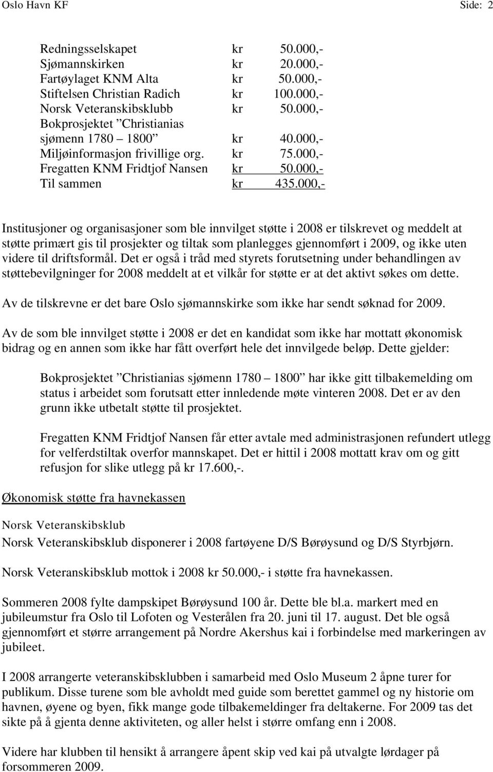 000,- Institusjoner og organisasjoner som ble innvilget støtte i 2008 er tilskrevet og meddelt at støtte primært gis til prosjekter og tiltak som planlegges gjennomført i 2009, og ikke uten videre