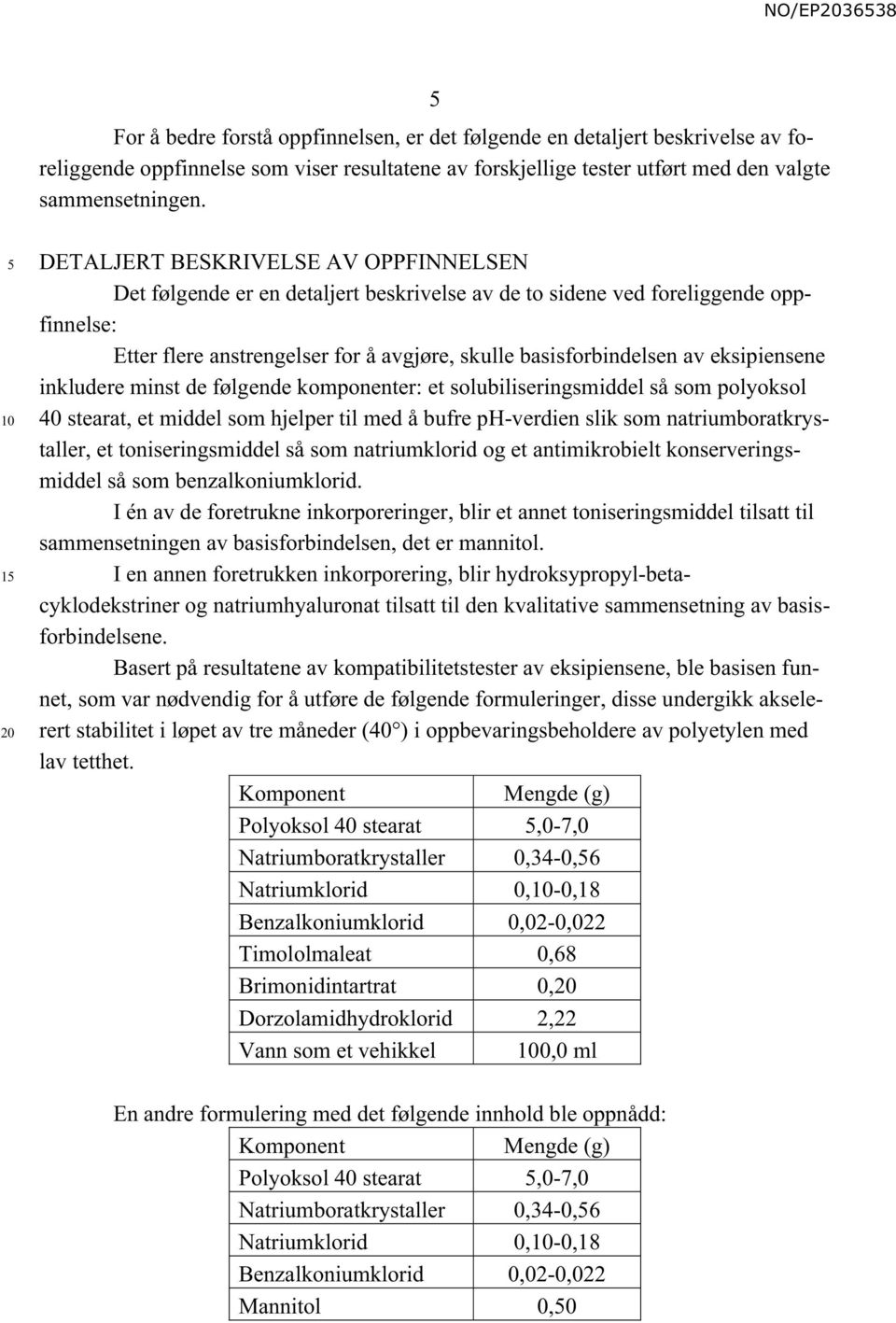 eksipiensene inkludere minst de følgende komponenter: et solubiliseringsmiddel så som polyoksol 40 stearat, et middel som hjelper til med å bufre ph-verdien slik som natriumboratkrystaller, et