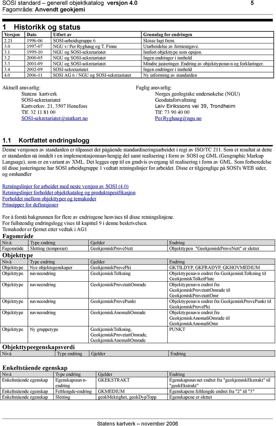 3 2001-09 NGU og SOSI-sekretariatet Mindre justeringer. Endring av objekttypenavn og forklaringer. 3.4 2002-09 SOSI-sekretariatet Ingen endringer i innhold 4.