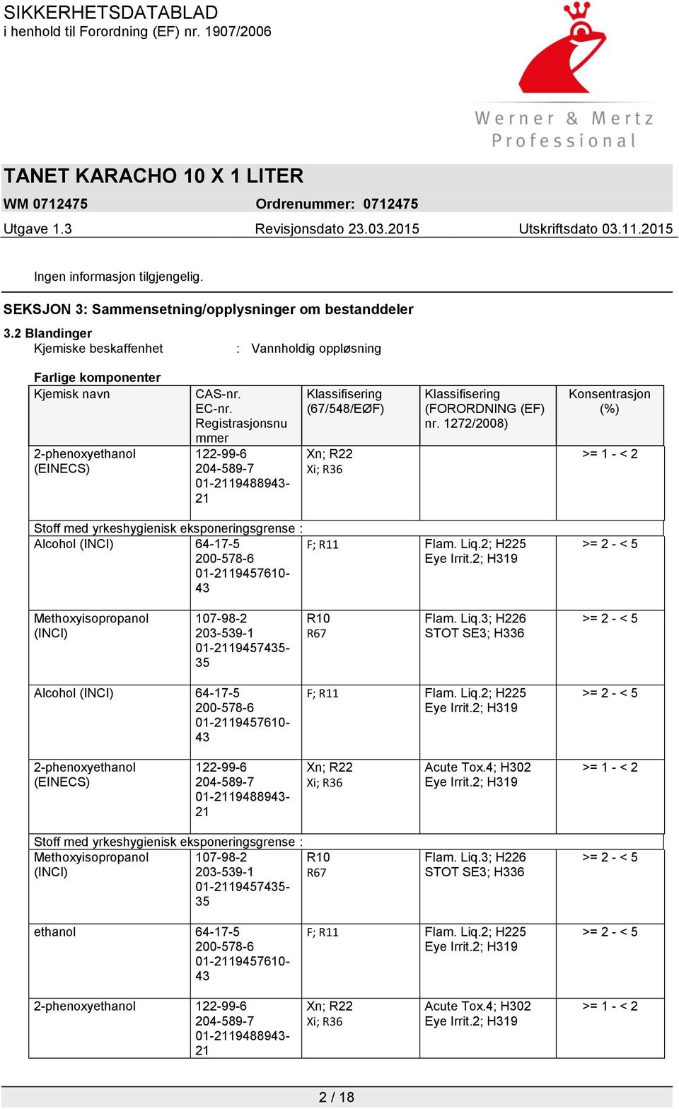 Registrasjonsnu mmer 122-99-6 204-589-7 01-2119488943- 21 Klassifisering (67/548/EØF) Xn; R22 Xi; R36 Klassifisering (FORORDNING (EF) nr.