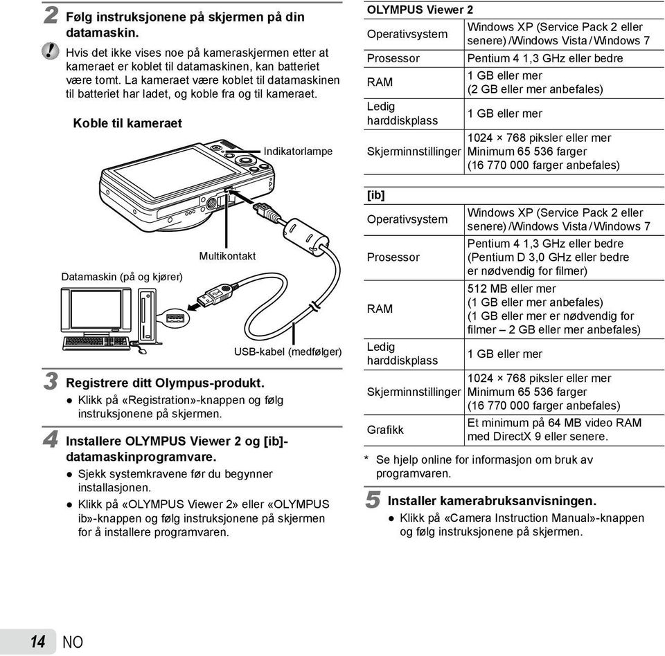 Koble til kameraet Datamaskin (på og kjører) Multikontakt Indikatorlampe USB-kabel (medfølger) 3 Registrere ditt Olympus-produkt. Klikk på «Registration»-knappen og følg instruksjonene på skjermen.