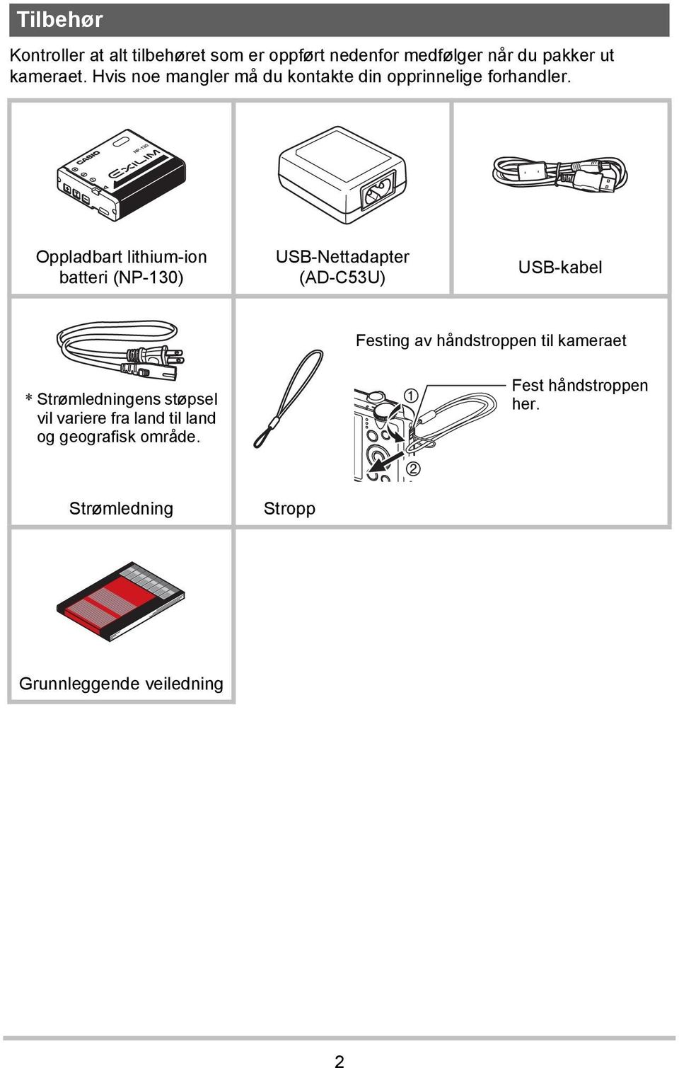 Oppladbart lithium-ion batteri (NP-130) USB-Nettadapter (AD-C53U) USB-kabel Festing av håndstroppen til