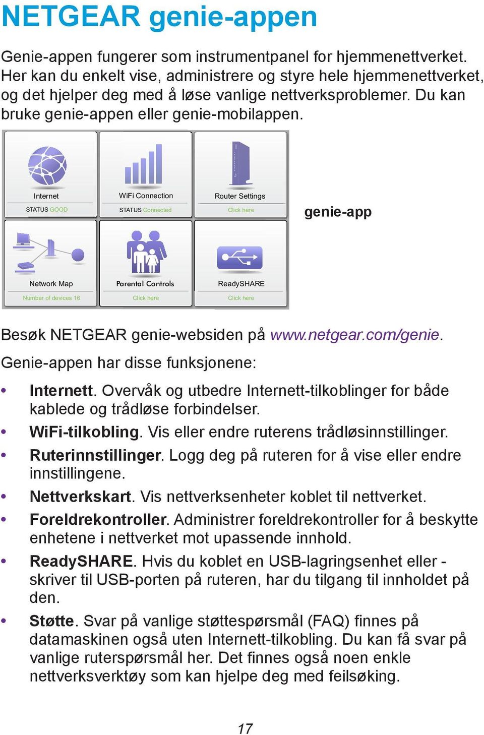 Internet STATUS GOOD WiFi Connection STATUS Connected Router Settings Click here genie-app Network Map Parental Controls ReadySHARE Number of devices 16 Click here Click here Besøk NETGEAR