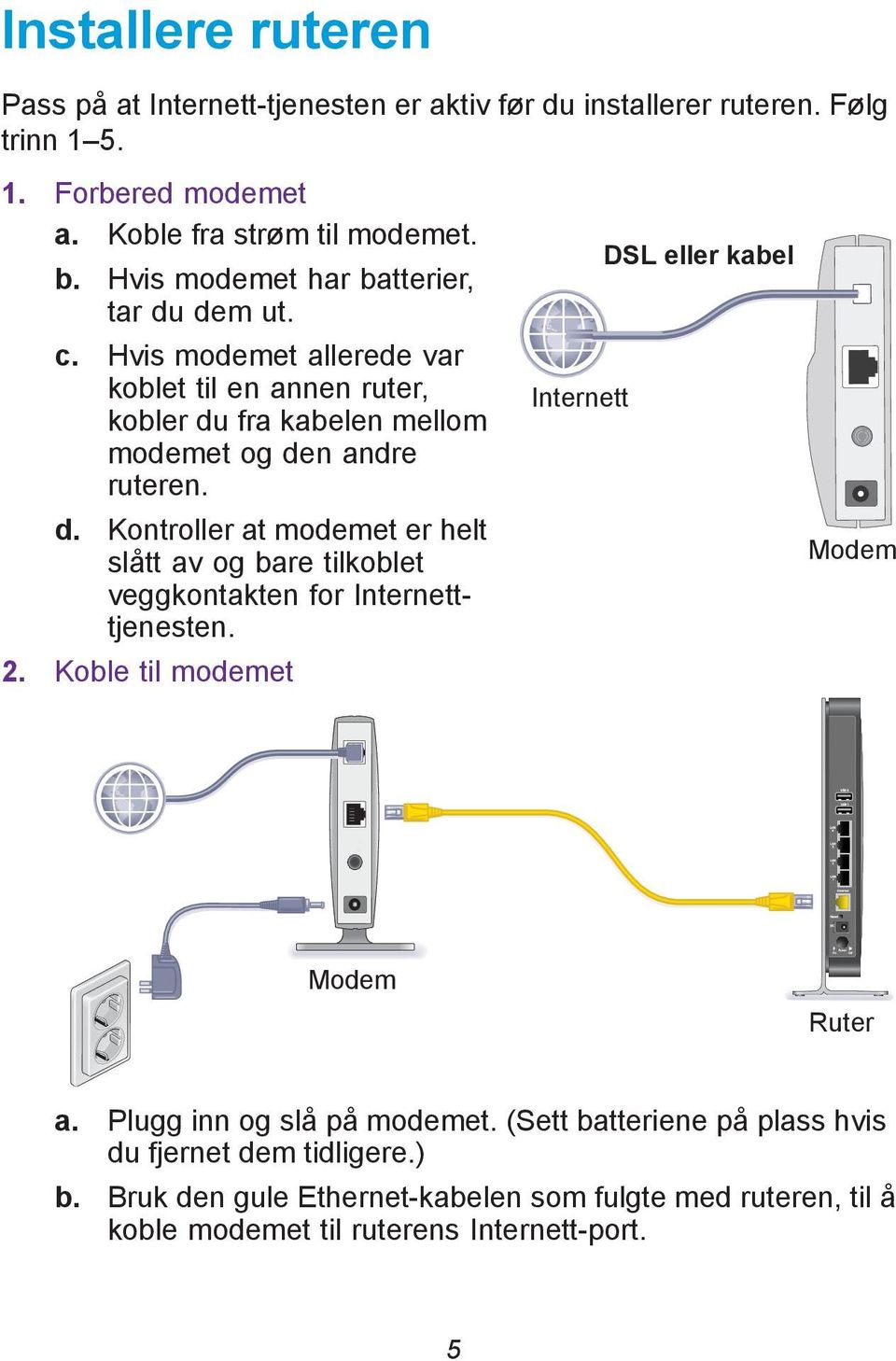 2. Koble til modemet Internett DSL eller kabel Modem Modem Ruter a. Plugg inn og slå på modemet. (Sett batteriene på plass hvis du fjernet dem tidligere.) b.