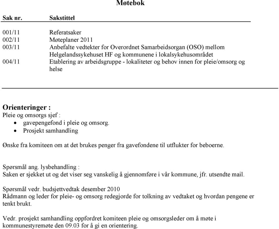 Etablering av arbeidsgruppe - lokaliteter og behov innen for pleie/omsorg og helse Orienteringer : Pleie og omsorgs sjef : gavepengefond i pleie og omsorg.